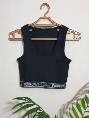Kalın Askılı Fitilli Yazılı Beli Lastikli Crop Siyah - M