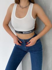Kalın Askılı Fitilli Yazılı Beli Lastikli Crop Beyaz - L