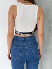Kalın Askılı Fitilli Yazılı Beli Lastikli Crop Beyaz - L