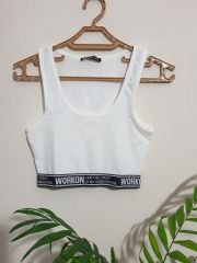 Kalın Askılı Fitilli Yazılı Beli Lastikli Crop Beyaz - L