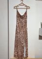 İnce Askılı Degaje Yaka Yırtmaçlı Dizaltı Leopar Elbise Leopar - L