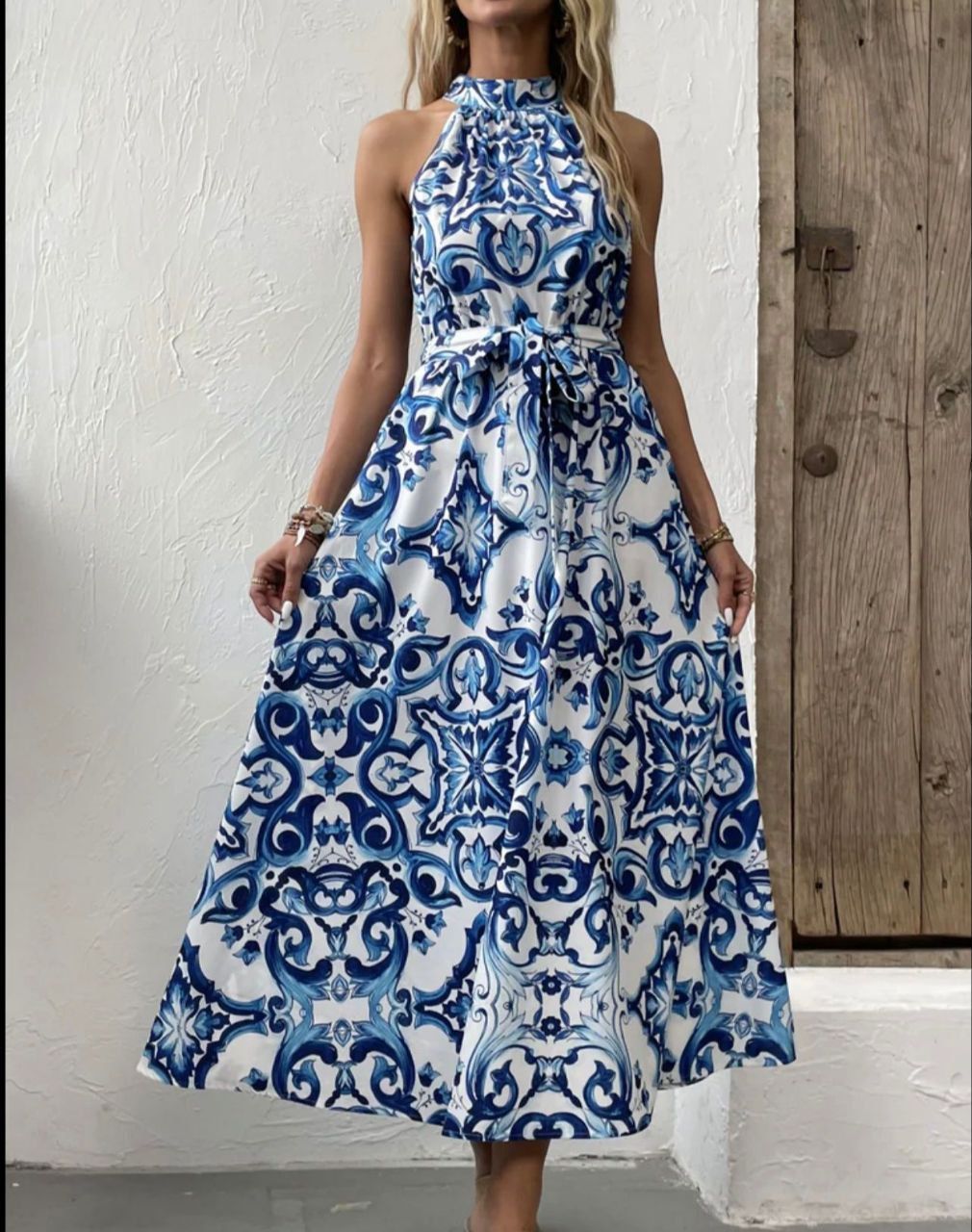 Halter Yaka Etnik Çini Desenli Salaş Maxi Elbise S