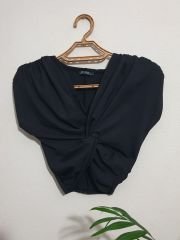 Vatkalı Burgulu Kolsuz Crop Bluz Siyah - L