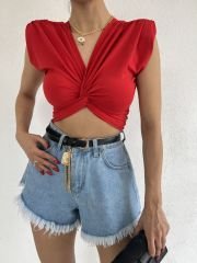 Vatkalı Burgulu Kolsuz Crop Bluz Kırmızı - L