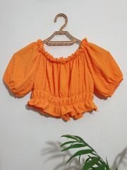 Beli ve Omzu Lastikli Bürümcük Crop Bluz Beyaz - L