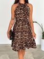 Halter Yaka Beli Lastikli Mini Leopar Elbise