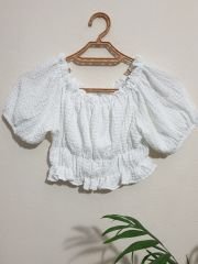 Beli ve Omzu Lastikli Bürümcük Crop Bluz Beyaz - L