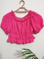 Beli ve Omzu Lastikli Bürümcük Crop Bluz Fuşya - L