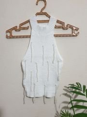 İnci Boncuklu Bisiklet Yaka Crop Triko Bluz Beyaz - S-M