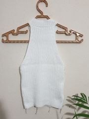 İnci Boncuklu Bisiklet Yaka Crop Triko Bluz Beyaz - S-M