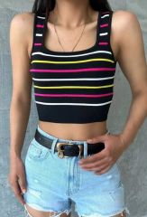 Renkli Çizgili Crop Triko Atlet Bluz Siyah Siyah - S-M