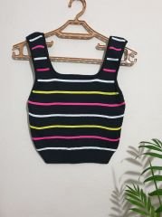 Renkli Çizgili Crop Triko Atlet Bluz Siyah Siyah - S-M