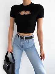 Halka Detaylı Kısa Kol Crop Bluz Siyah Siyah - L