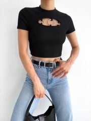 Halka Detaylı Kısa Kol Crop Bluz Siyah Siyah - L
