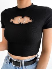 Halka Detaylı Kısa Kol Crop Bluz Siyah Siyah - L