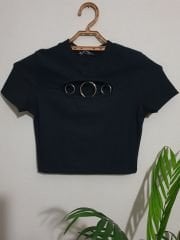 Halka Detaylı Kısa Kol Crop Bluz Siyah Siyah - L