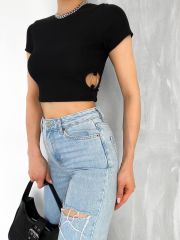 Halka Detaylı Kısa Kol Crop Bluz Siyah Siyah - M