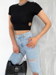 Halka Detaylı Kısa Kol Crop Bluz Siyah Siyah - M