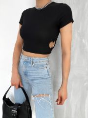 Halka Detaylı Kısa Kol Crop Bluz Siyah Siyah - M
