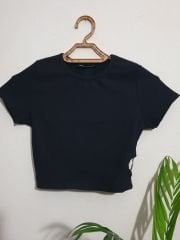 Halka Detaylı Kısa Kol Crop Bluz Siyah Siyah - M