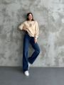 Bisiklet Yaka Ayıcık Nakışlı Oversize Pamuklu Sweatshırt Bej - L