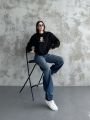 Bisiklet Yaka Ayıcık Nakışlı Oversize Pamuklu Sweatshırt Siyah - L
