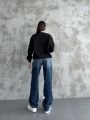 Bisiklet Yaka Ayıcık Nakışlı Oversize Pamuklu Sweatshırt Siyah - L