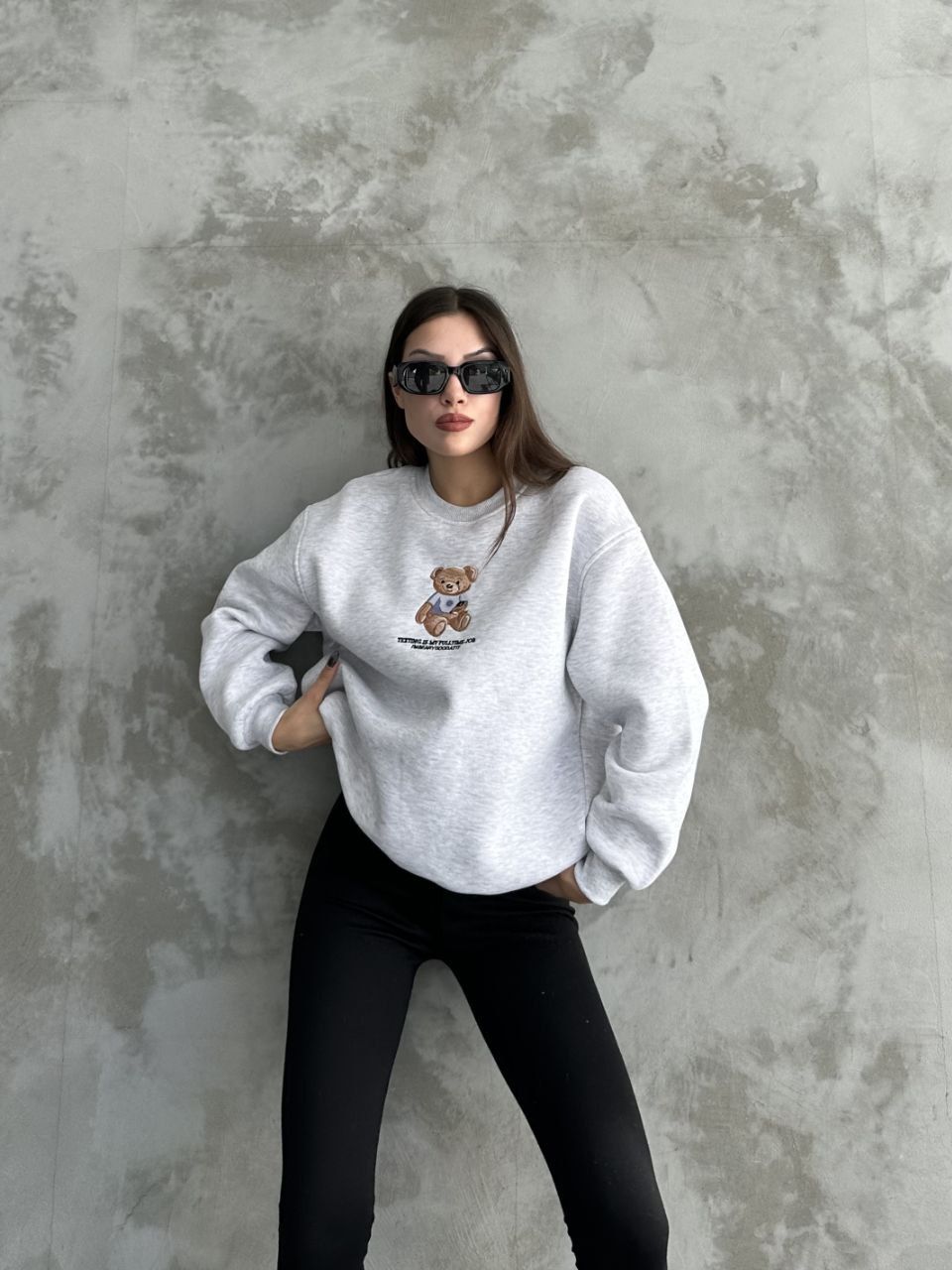 Bisiklet Yaka Ayıcık Nakışlı Oversize Pamuklu Sweatshırt Gri - L