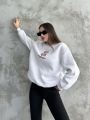 Bisiklet Yaka Ayıcık Nakışlı Oversize Pamuklu Sweatshırt Gri - L