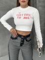 Bisiklet Yaka Yazılı Baskılı Fiyonklu Crop Bluz Beyaz-Fiyonklu - L