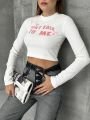Bisiklet Yaka Yazılı Baskılı Fiyonklu Crop Bluz Beyaz-Fiyonklu - L