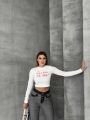 Bisiklet Yaka Yazılı Baskılı Fiyonklu Crop Bluz Beyaz-Fiyonklu - L