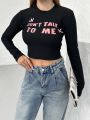 Bisiklet Yaka Yazılı Baskılı Fiyonklu Crop Bluz Siyah-Fiyonklu - L