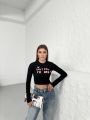 Bisiklet Yaka Yazılı Baskılı Fiyonklu Crop Bluz Siyah-Fiyonklu - L