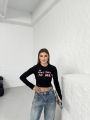 Bisiklet Yaka Yazılı Baskılı Fiyonklu Crop Bluz Siyah-Fiyonklu - L
