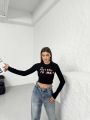 Bisiklet Yaka Yazılı Baskılı Fiyonklu Crop Bluz Siyah-Fiyonklu - L