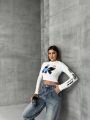 Bisiklet Yaka Yazılı Baskılı Fiyonklu Crop Bluz Beyaz-Yazılı - L