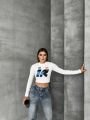 Bisiklet Yaka Yazılı Baskılı Fiyonklu Crop Bluz Beyaz-Yazılı - L