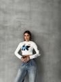 Bisiklet Yaka Yazılı Baskılı Fiyonklu Crop Bluz Beyaz-Yazılı - L