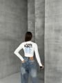 Bisiklet Yaka Yazılı Baskılı Fiyonklu Crop Bluz Beyaz-Yazılı - L