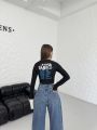 Bisiklet Yaka Yazılı Baskılı Fiyonklu Crop Bluz Siyah-Yazılı - L