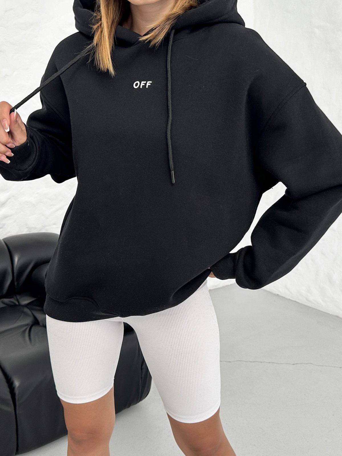 Unisex Kapüşonlu Oversize Salaş Off Yazılı Sweatshırt Siyah - L
