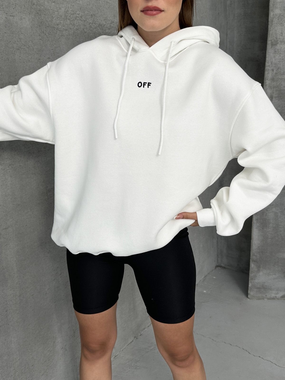 Unisex Kapüşonlu Oversize Salaş Off Yazılı Sweatshırt Beyaz - L