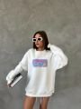 Bisiklet Yaka Oversize Salaş Pamuklu Şardonlu Sweatshirt Beyaz - L