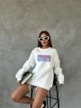 Bisiklet Yaka Oversize Salaş Pamuklu Şardonlu Sweatshirt Beyaz - L