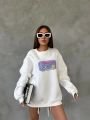 Bisiklet Yaka Oversize Salaş Pamuklu Şardonlu Sweatshirt Beyaz - L