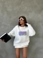 Bisiklet Yaka Oversize Salaş Pamuklu Şardonlu Sweatshirt Beyaz - L