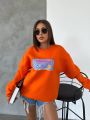 Bisiklet Yaka Oversize Salaş Pamuklu Şardonlu Sweatshirt Turuncu - L