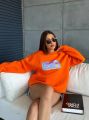 Bisiklet Yaka Oversize Salaş Pamuklu Şardonlu Sweatshirt Turuncu - L