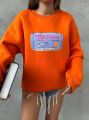 Bisiklet Yaka Oversize Salaş Pamuklu Şardonlu Sweatshirt Turuncu - L
